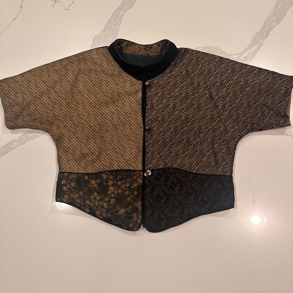 KD Spring Vintage Brown Black Bolero Cropped Jacket Floral Mixed Media Size M